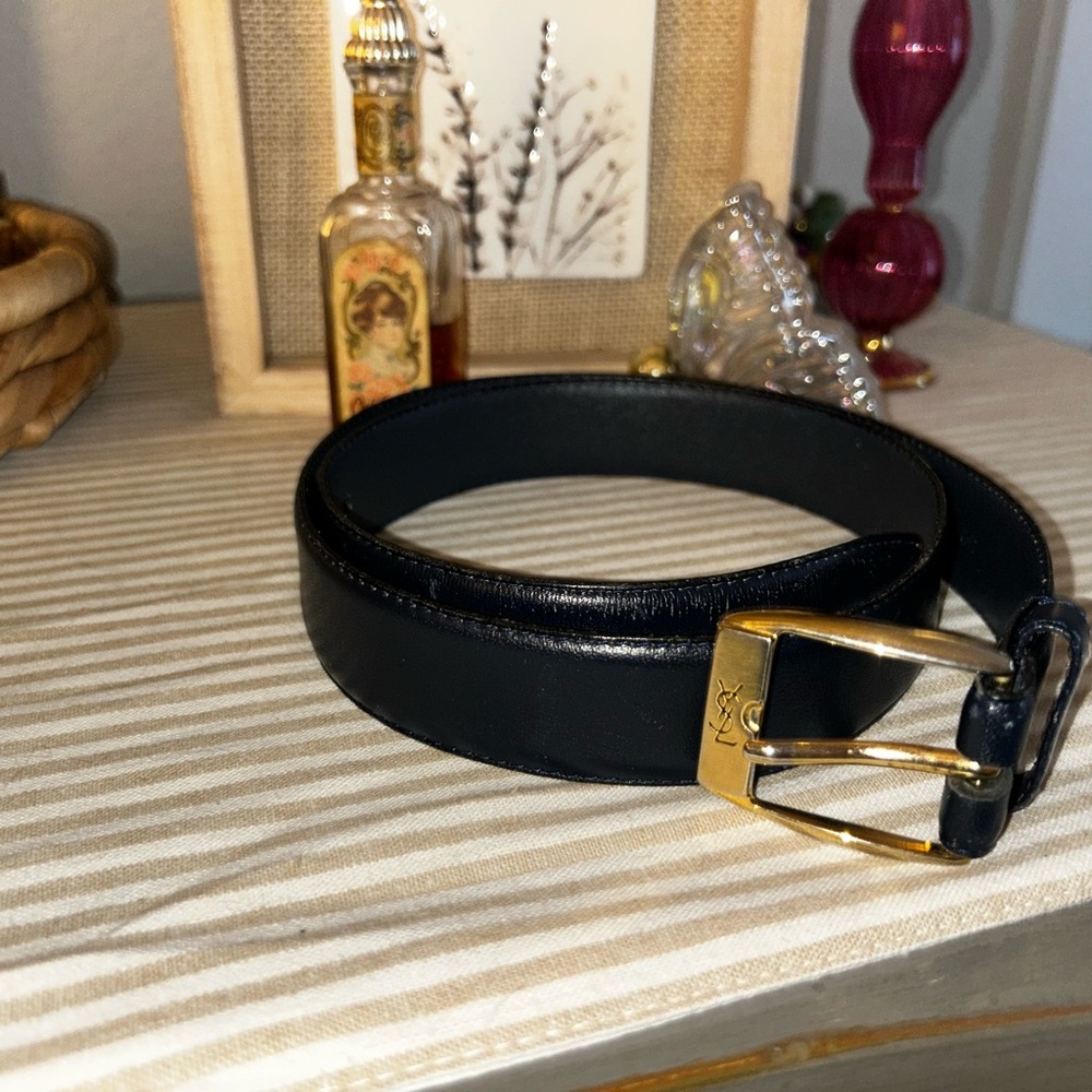 Saint Laurent Black Leather Belt with Gold Buckle